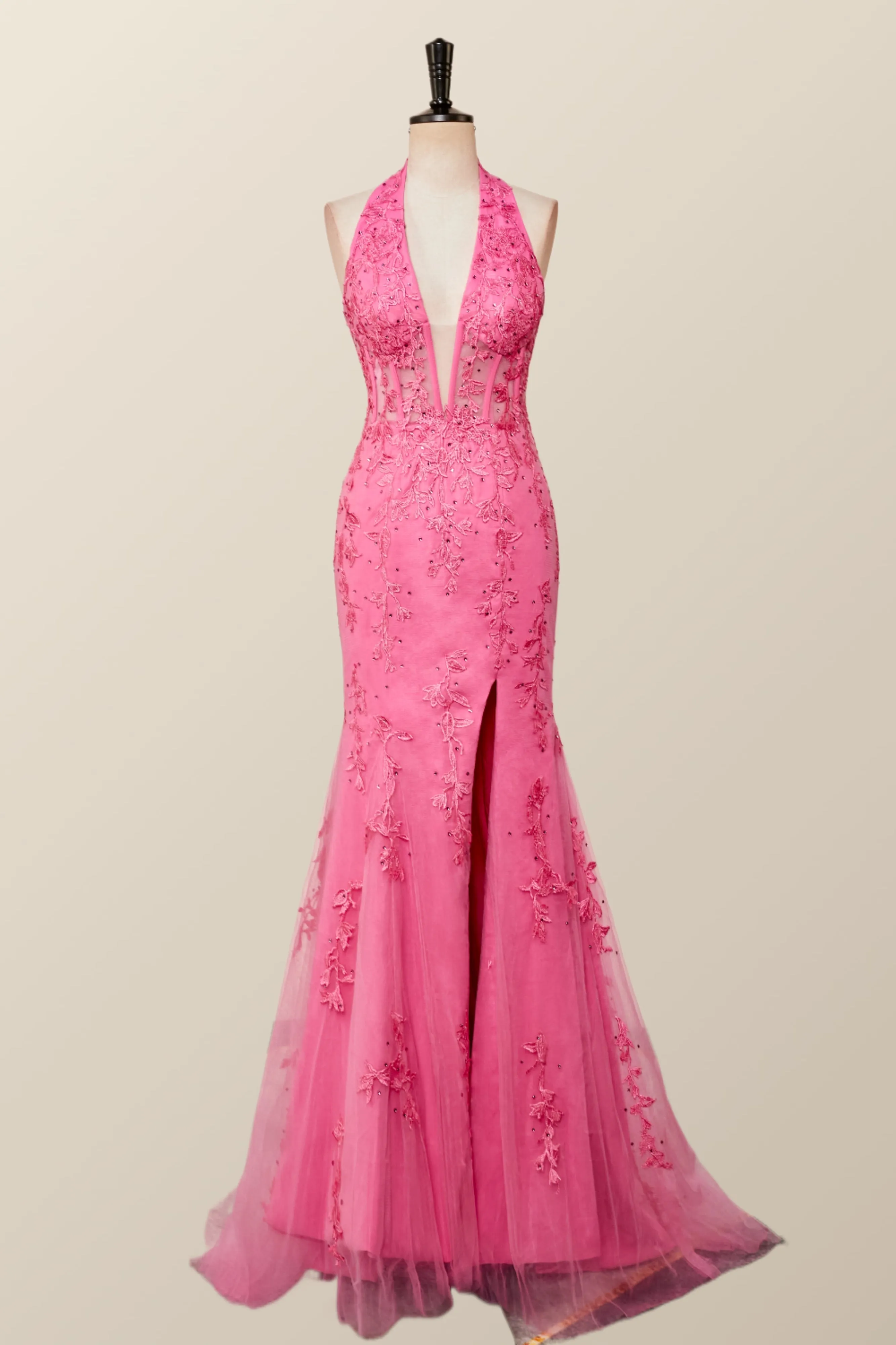Halter Fuchsia Yellow Lace Mermaid Prom Dress