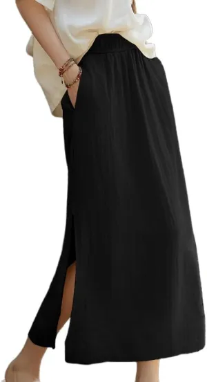 IDEALSANXUN Linen Skirts for Women Spring Summer Casual Lightweight Elastic High Waisted Cotton Midi Skirt with Slit