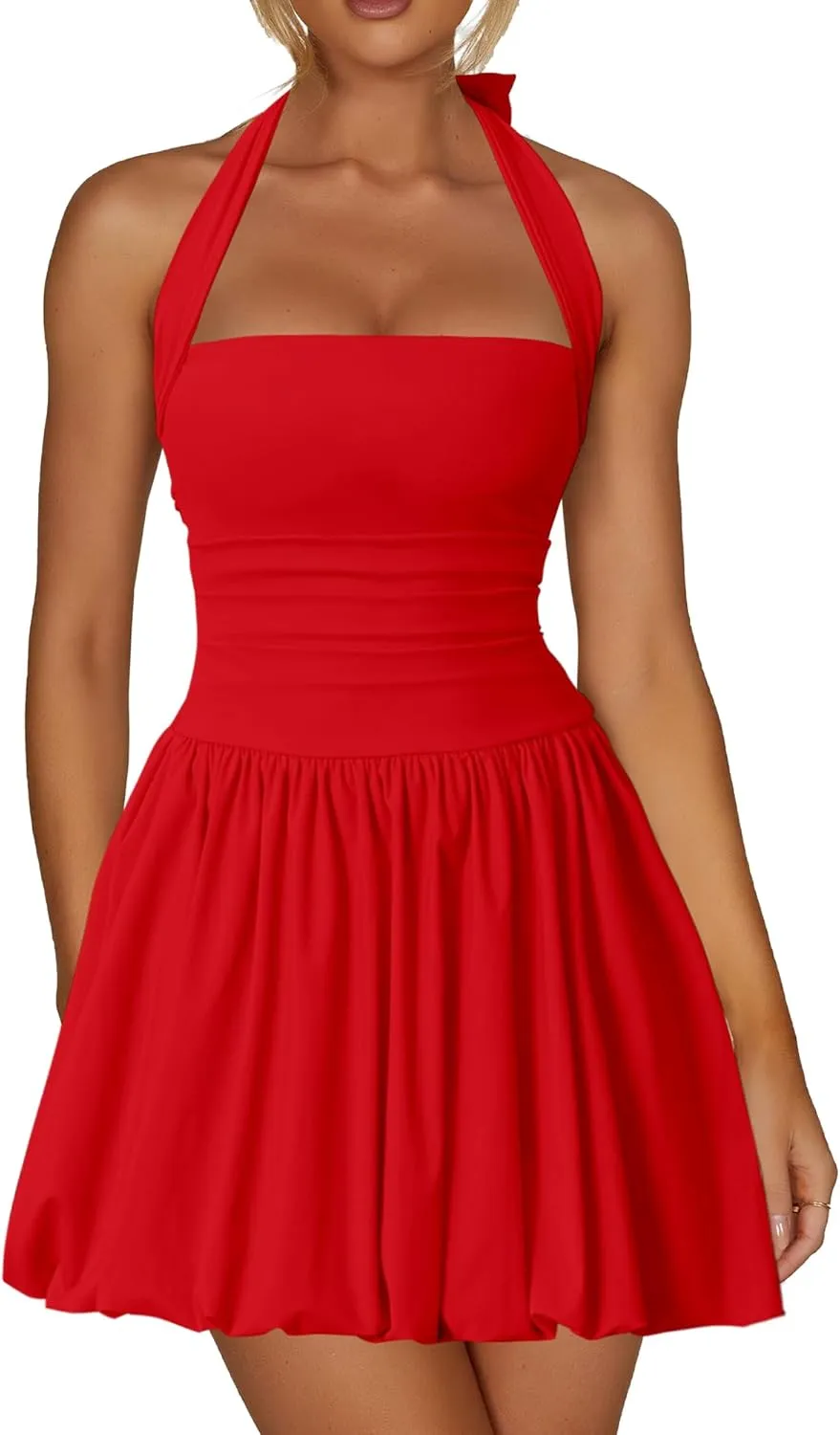 Kaximil Women's Sexy Halter Corset Mini Dress Bubble Ruched Waist Club Party Dresses with Built-in Shorts