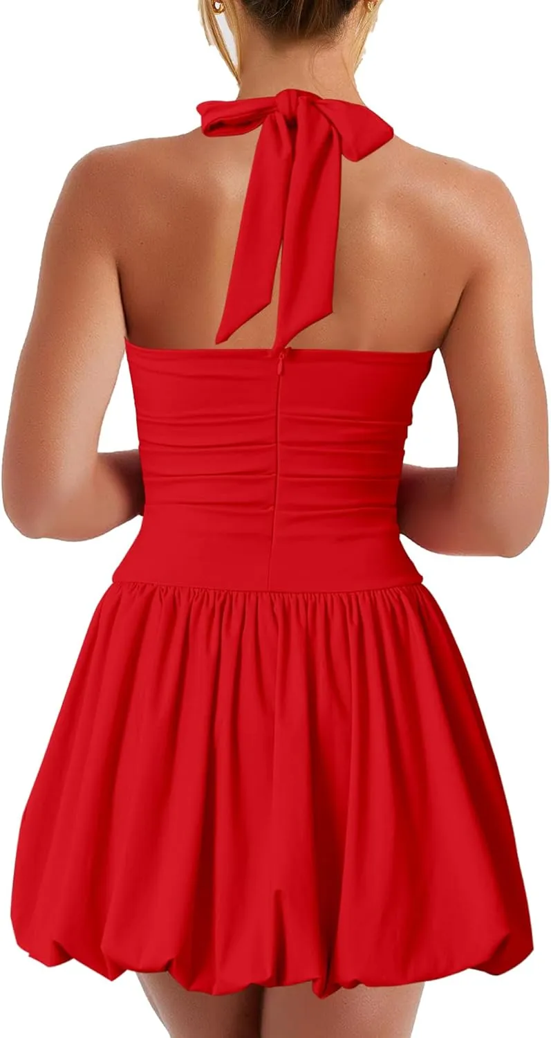 Kaximil Women's Sexy Halter Corset Mini Dress Bubble Ruched Waist Club Party Dresses with Built-in Shorts