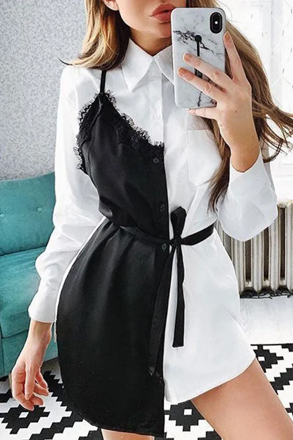 Lace Patchwork Button Up Shirt Dress