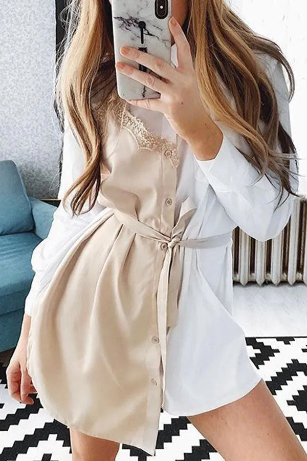 Lace Patchwork Button Up Shirt Dress
