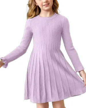 Little Girls Knit Sweater Dress Long Sleeve Ribbed Ruffle Dress Kids Pullover Dresses