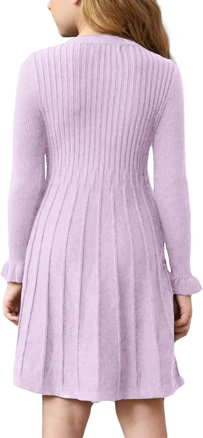Little Girls Knit Sweater Dress Long Sleeve Ribbed Ruffle Dress Kids Pullover Dresses