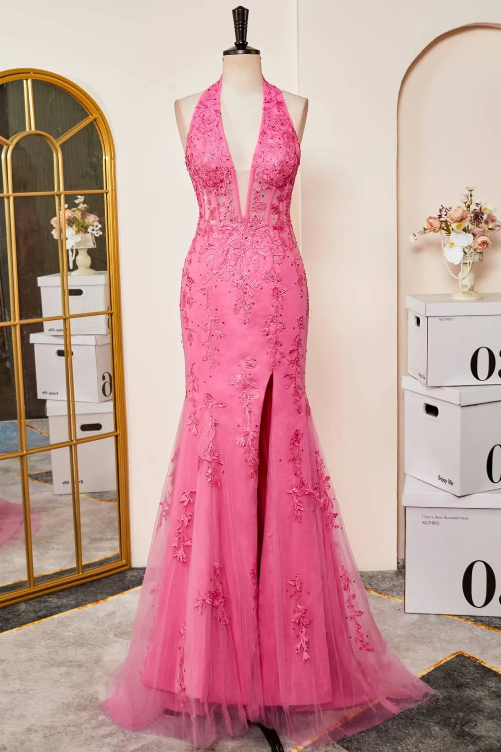 Mermaid Hot Pink Halter Appliques Long Prom Dress with Slit