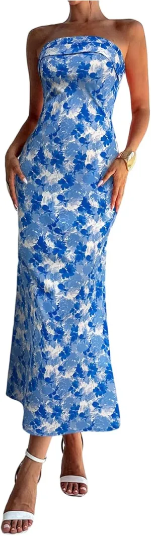 Milumia Women's Boho Floral Tube Dress Wedding Guest Strapless Backless Bodycon Cocktail Summer Long Dresses
