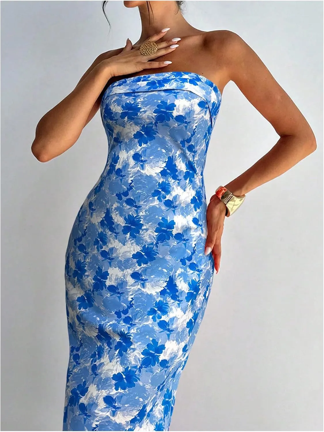 Milumia Women's Boho Floral Tube Dress Wedding Guest Strapless Backless Bodycon Cocktail Summer Long Dresses