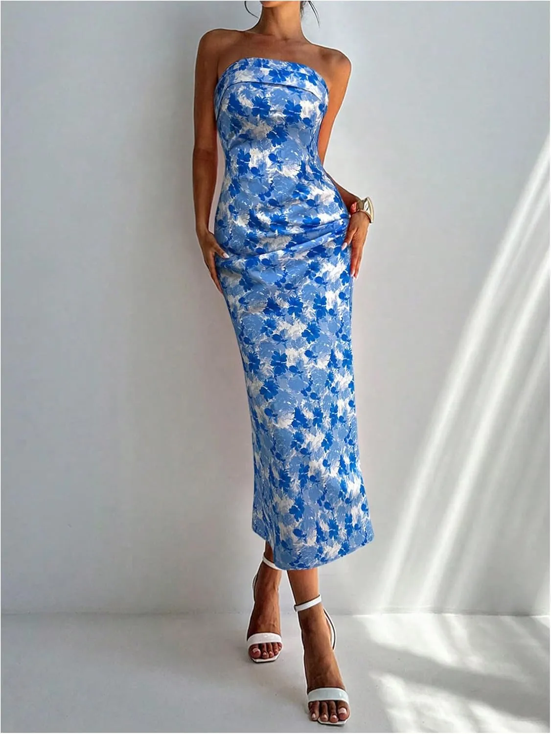 Milumia Women's Boho Floral Tube Dress Wedding Guest Strapless Backless Bodycon Cocktail Summer Long Dresses