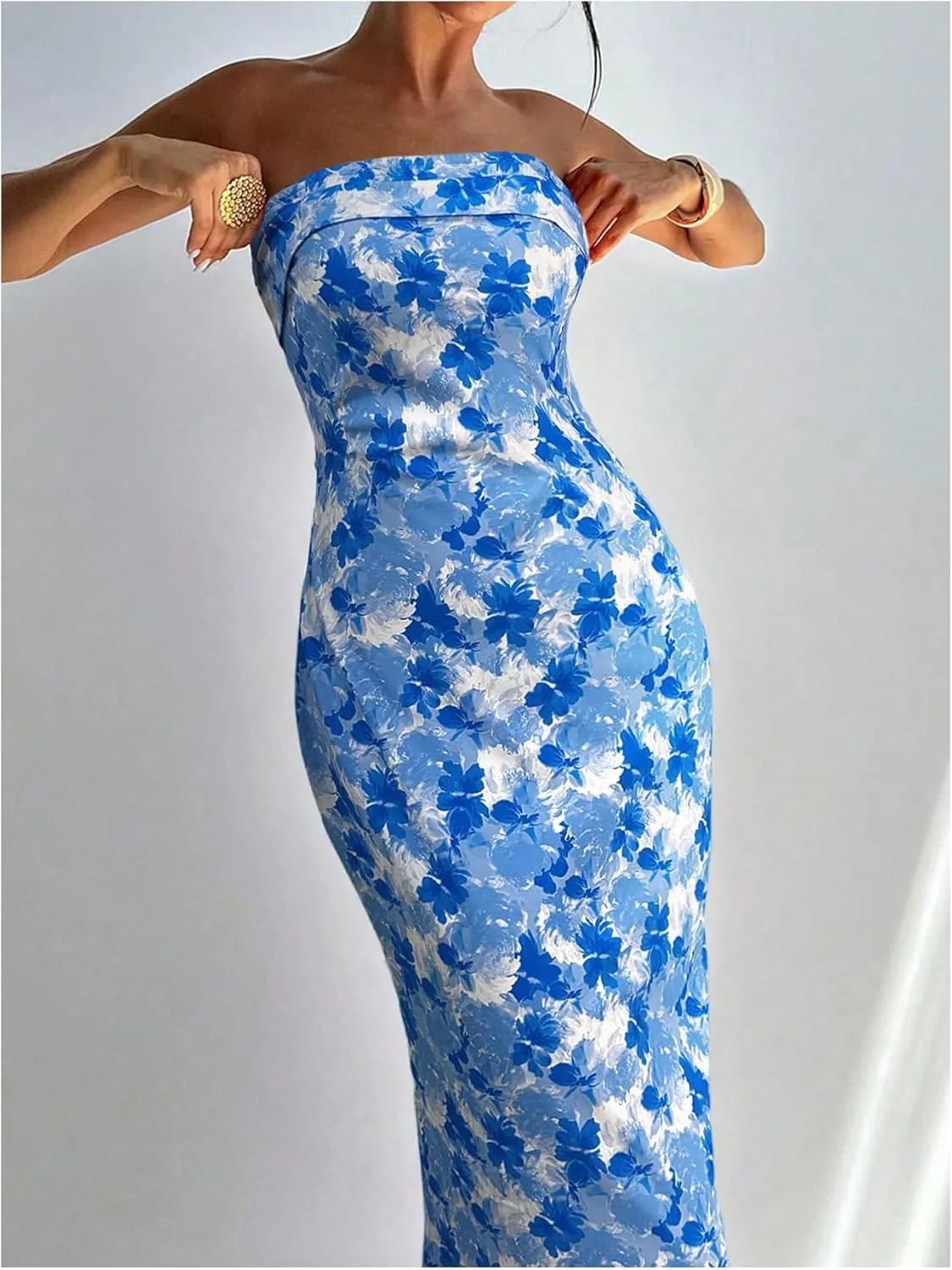 Milumia Women's Boho Floral Tube Dress Wedding Guest Strapless Backless Bodycon Cocktail Summer Long Dresses