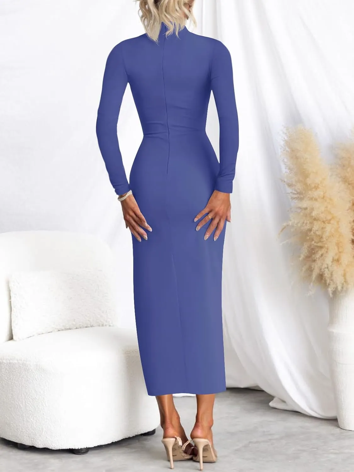 MIROL Women's 2025 Bodycon Maxi Dress Mock Neck Side Slit Fall Long Sleeve Ruched Long Dress