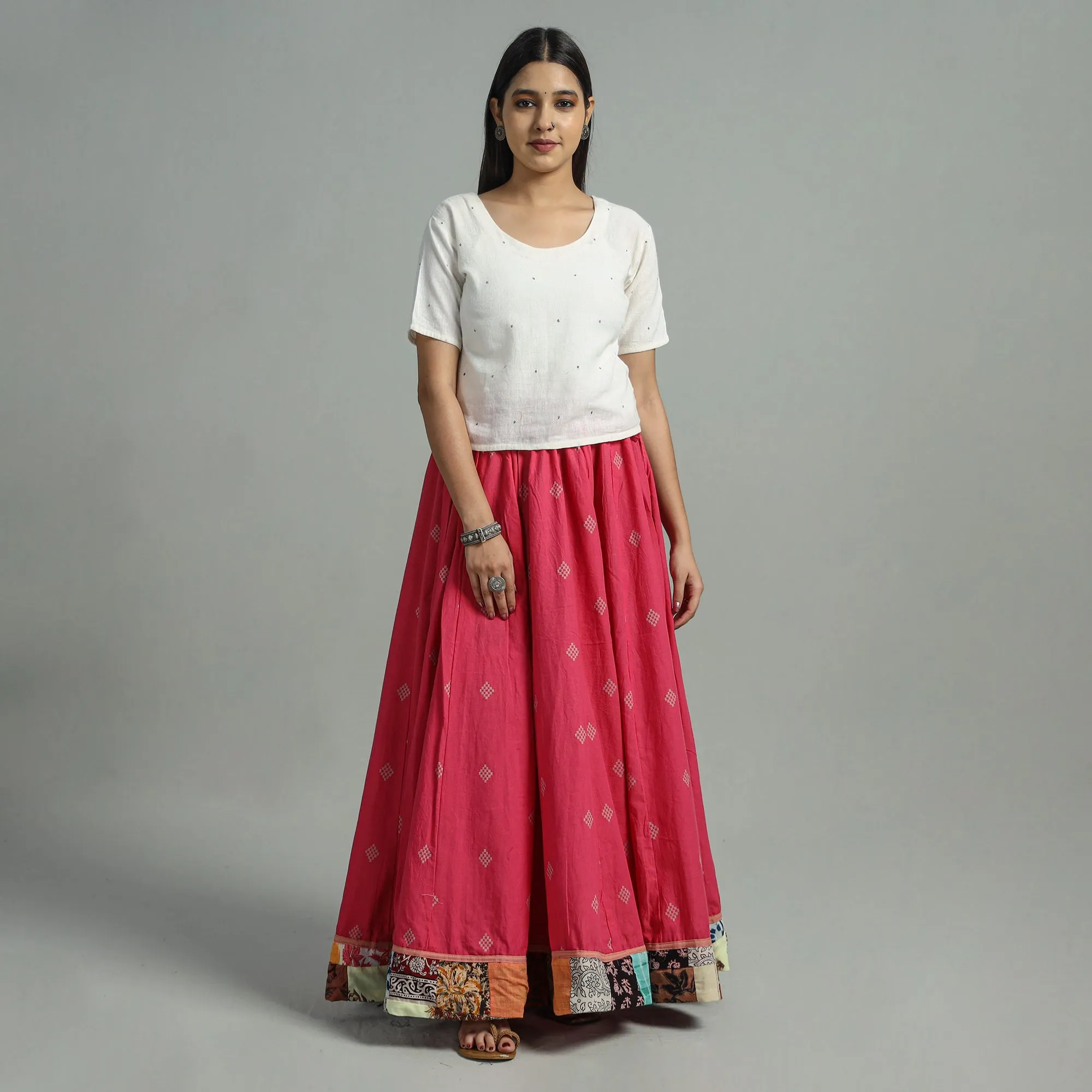 Pink - Jacquard Patchwork 24 Kali Cotton Long Skirt 14