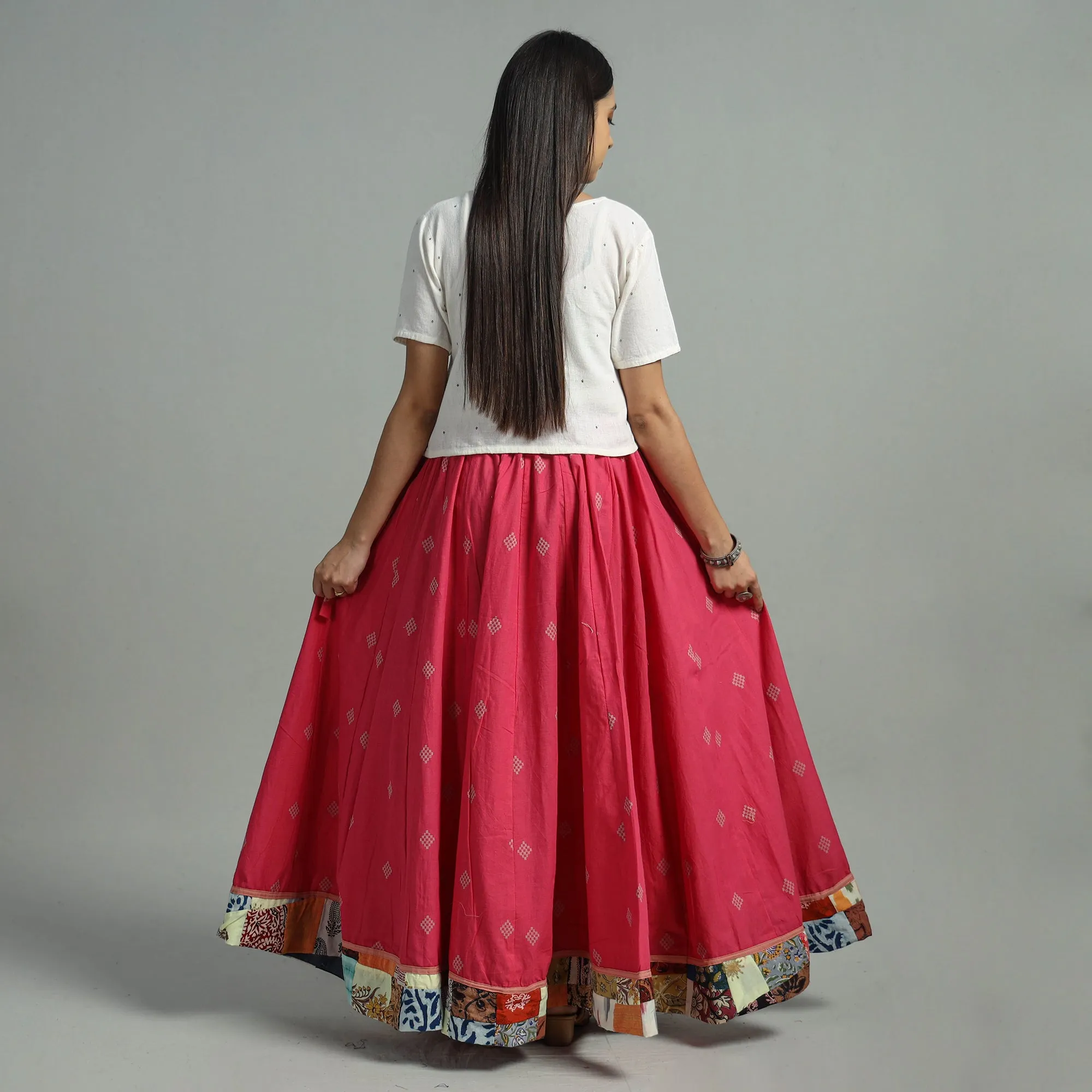 Pink - Jacquard Patchwork 24 Kali Cotton Long Skirt 14