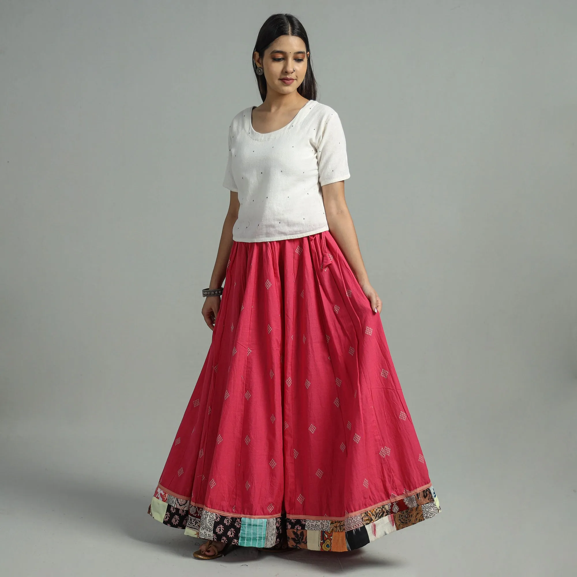 Pink - Jacquard Patchwork 24 Kali Cotton Long Skirt 14