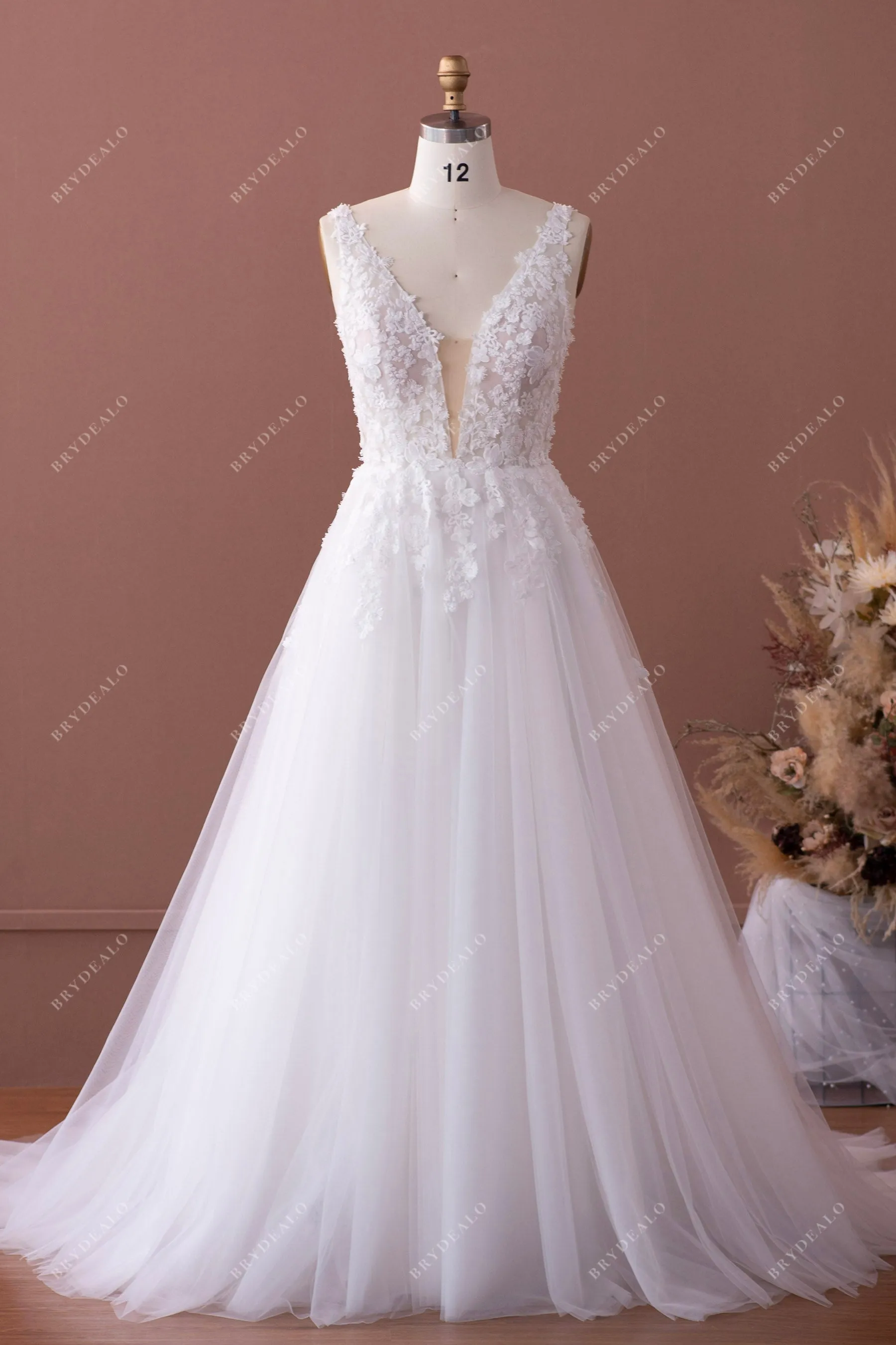 Plunging Neck Designer Lace Tulle Puffy A-line Country Wedding Dress