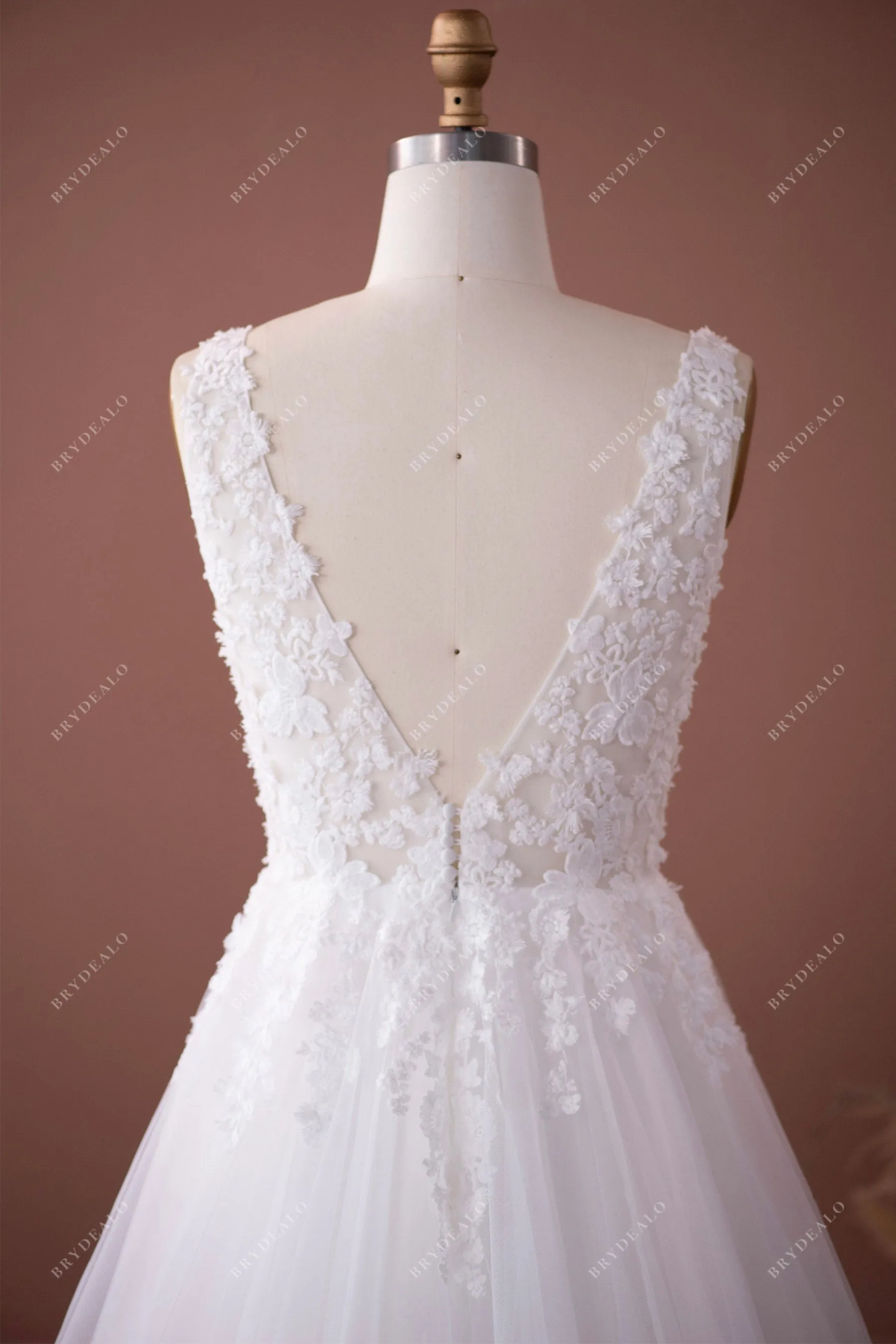 Plunging Neck Designer Lace Tulle Puffy A-line Country Wedding Dress