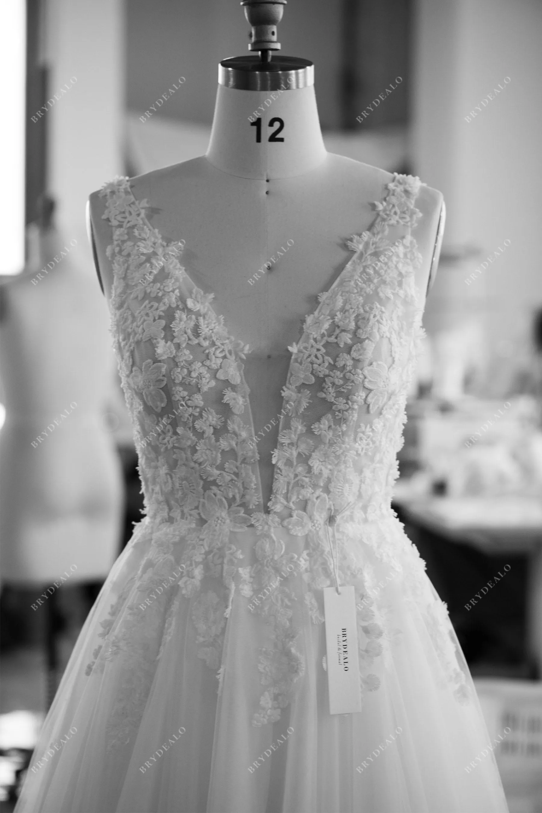 Plunging Neck Designer Lace Tulle Puffy A-line Country Wedding Dress