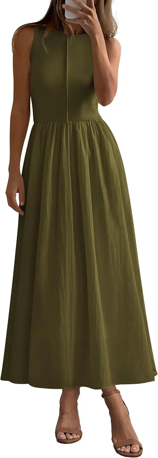 PRETTYGARDEN Women Maxi Dresses 2025 Summer Casual Sleeveless Patchwork Knit Tank Dress Flowy Beach Sundress Long Dress