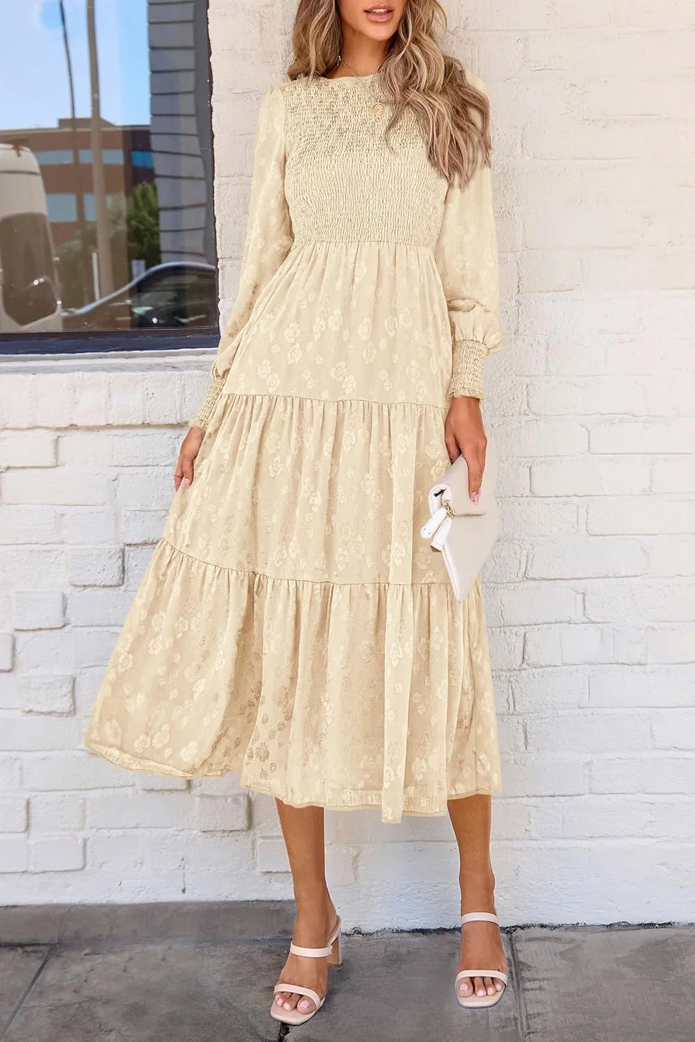 PRETTYGARDEN Women's Fall Spring Midi Dress Long Sleeve Floral Smocked Elegant Wedding Guest Long Flowy Dresses with Pockets