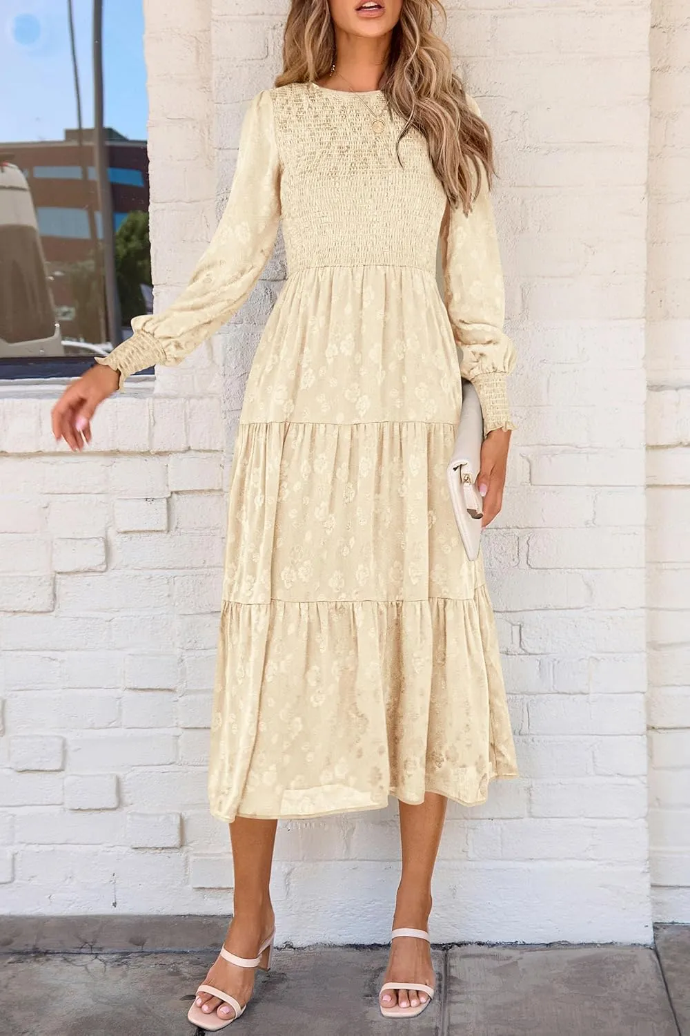 PRETTYGARDEN Women's Fall Spring Midi Dress Long Sleeve Floral Smocked Elegant Wedding Guest Long Flowy Dresses with Pockets