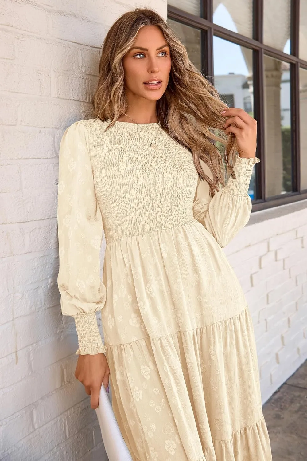 PRETTYGARDEN Women's Fall Spring Midi Dress Long Sleeve Floral Smocked Elegant Wedding Guest Long Flowy Dresses with Pockets