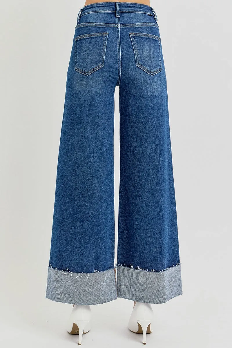Risen - Tummy Control High Rise Crop Wide Cuffed Dark Wash Jeans