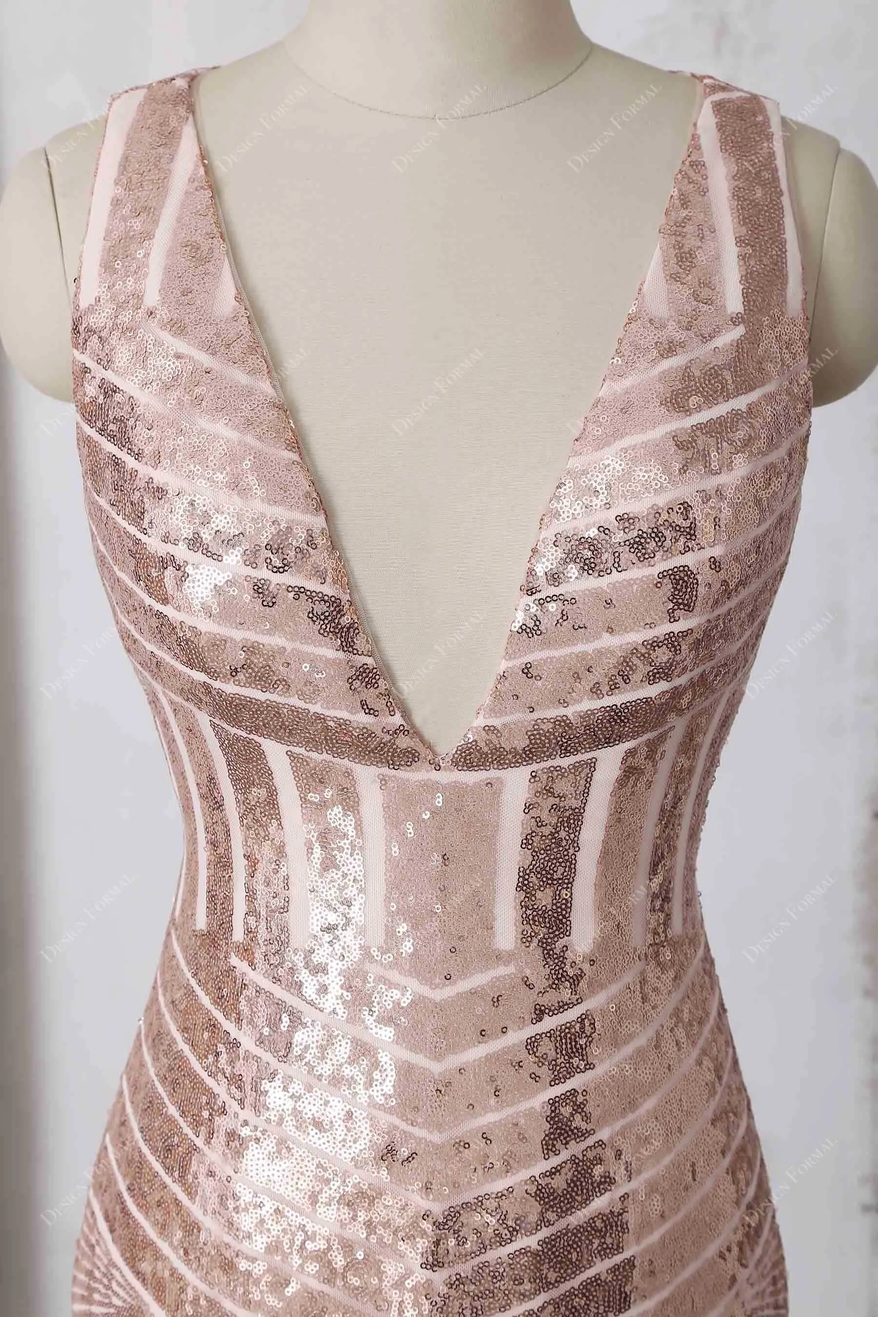 Rose Gold Sequin Plunging Sexy Slit Tea Length Sheath Dress