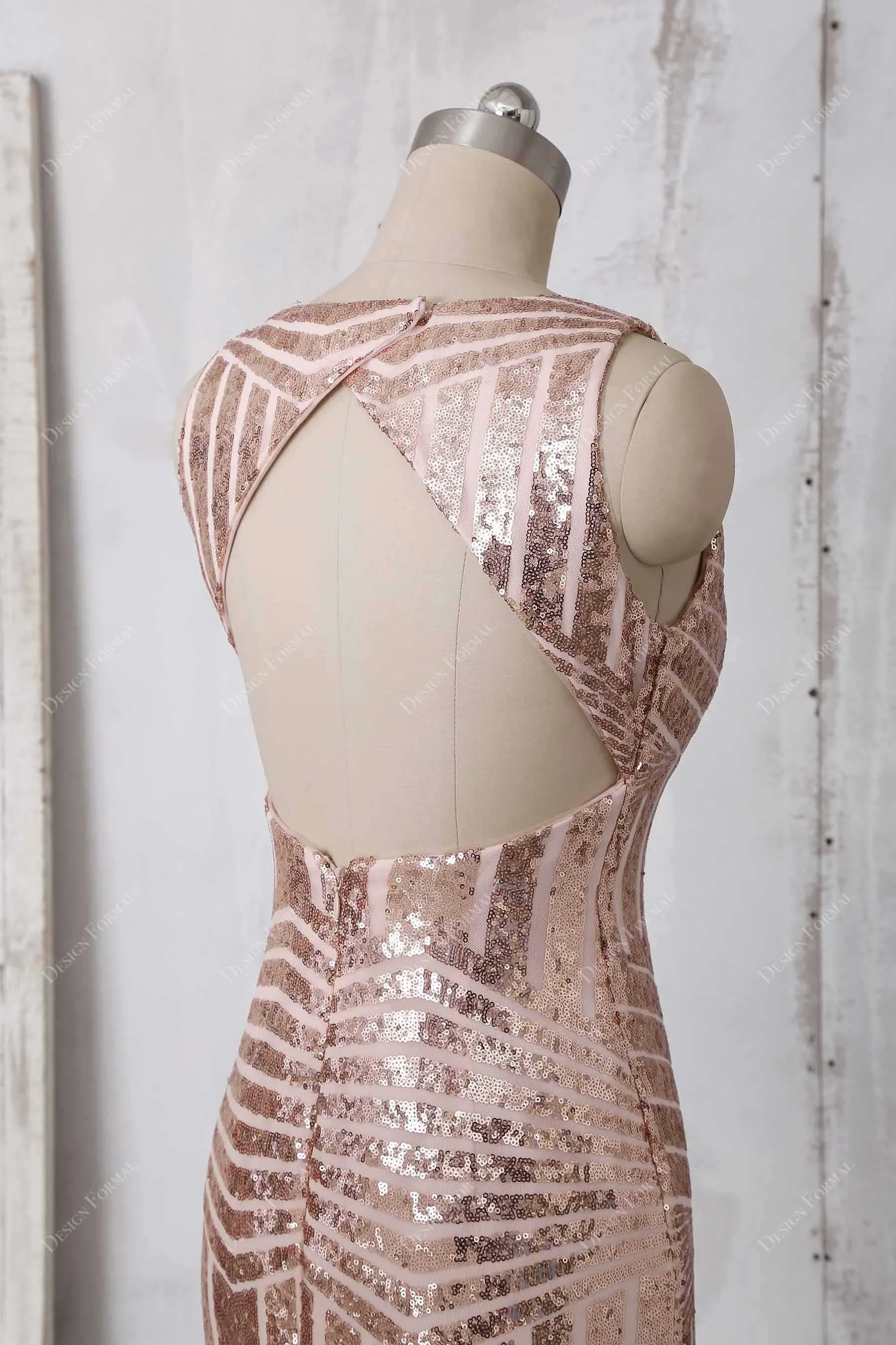 Rose Gold Sequin Plunging Sexy Slit Tea Length Sheath Dress
