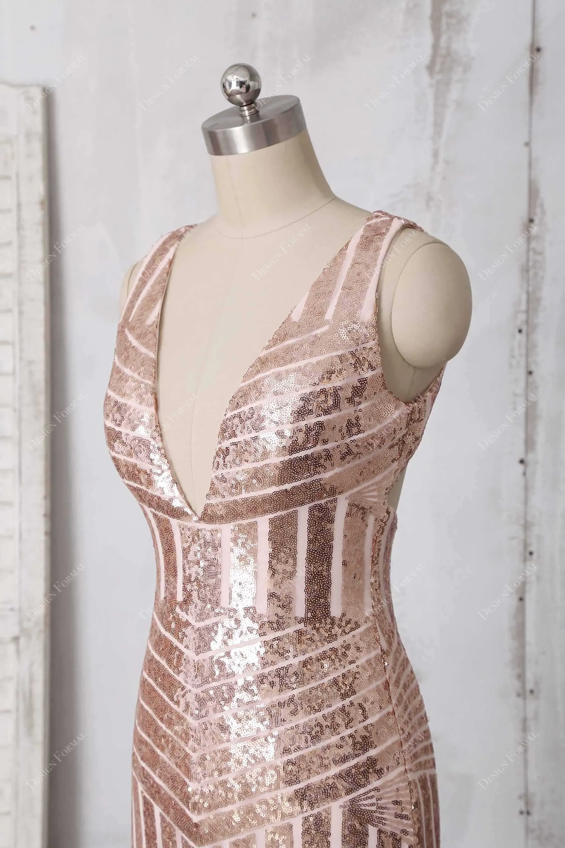 Rose Gold Sequin Plunging Sexy Slit Tea Length Sheath Dress
