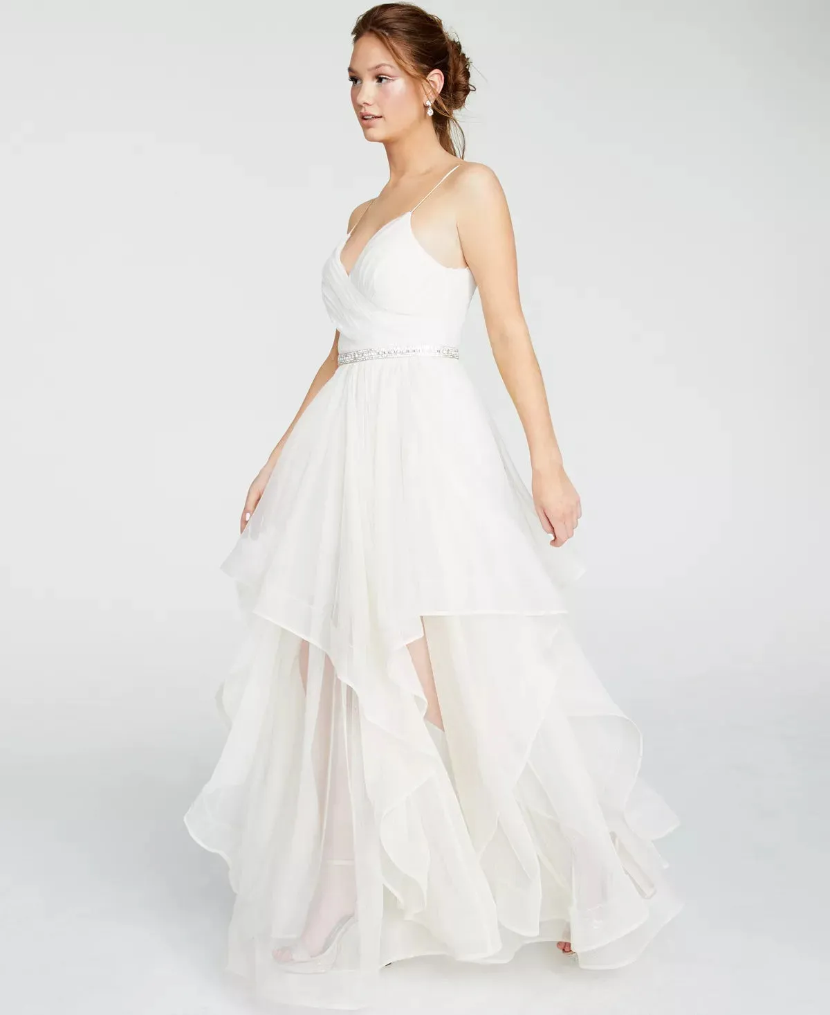 Sequin Hearts Juniors' Rhinestone-Belted Gown White Size 5