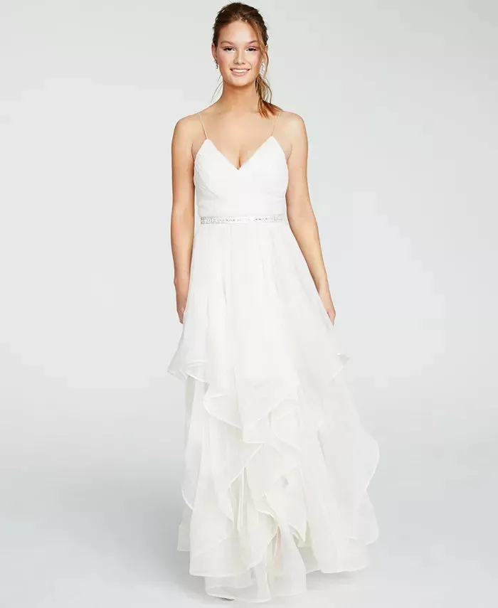 Sequin Hearts Juniors' Rhinestone-Belted Gown White Size 5