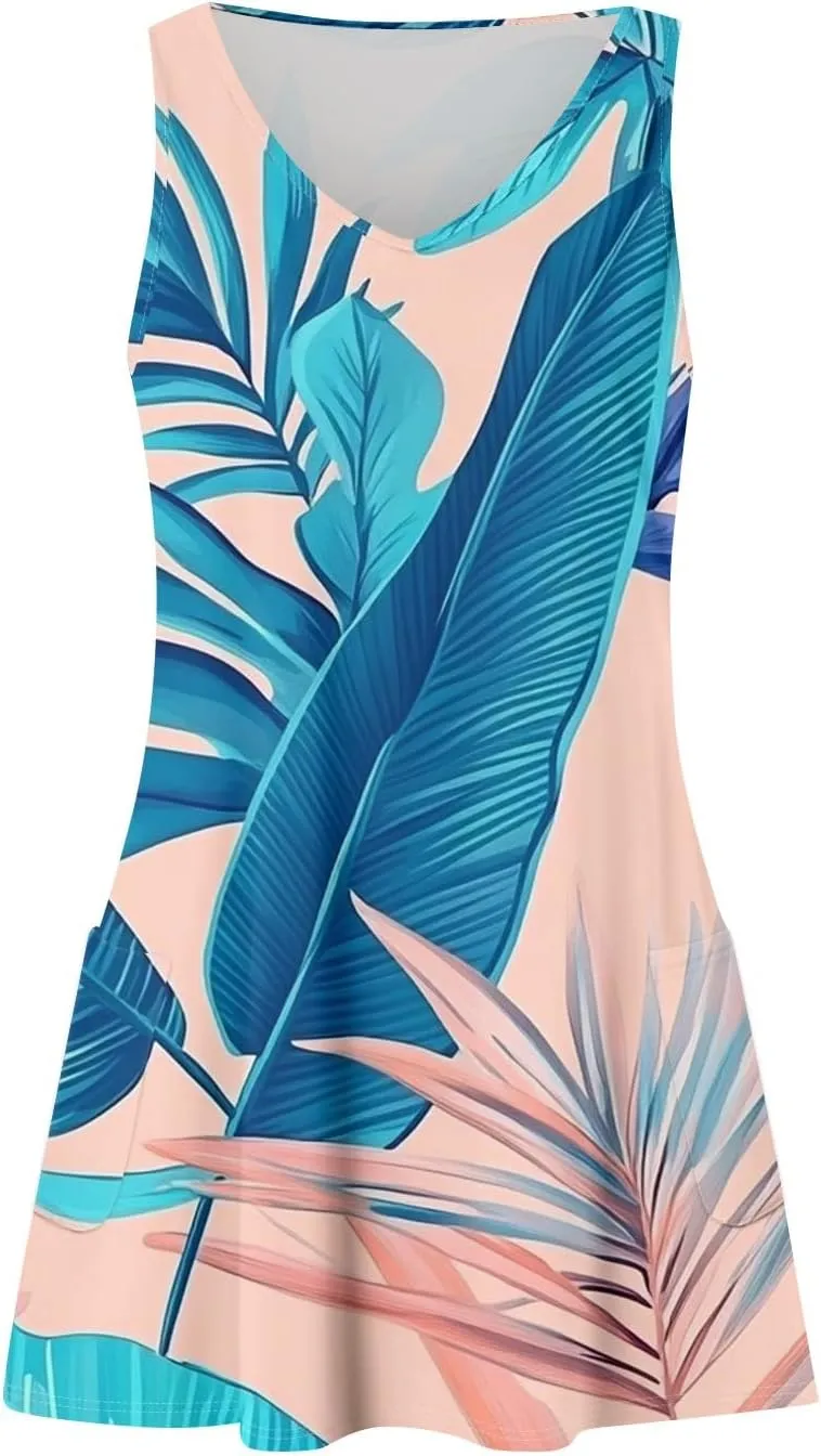 Summer Dresses for Women V Neck Beach Swimsuit Coverup 2025 Sleeveless Dress with Pocket Printed Vacation Sundress