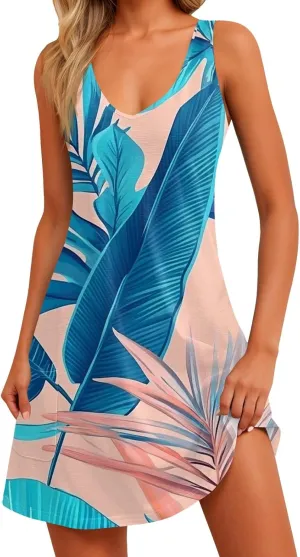 Summer Dresses for Women V Neck Beach Swimsuit Coverup 2025 Sleeveless Dress with Pocket Printed Vacation Sundress