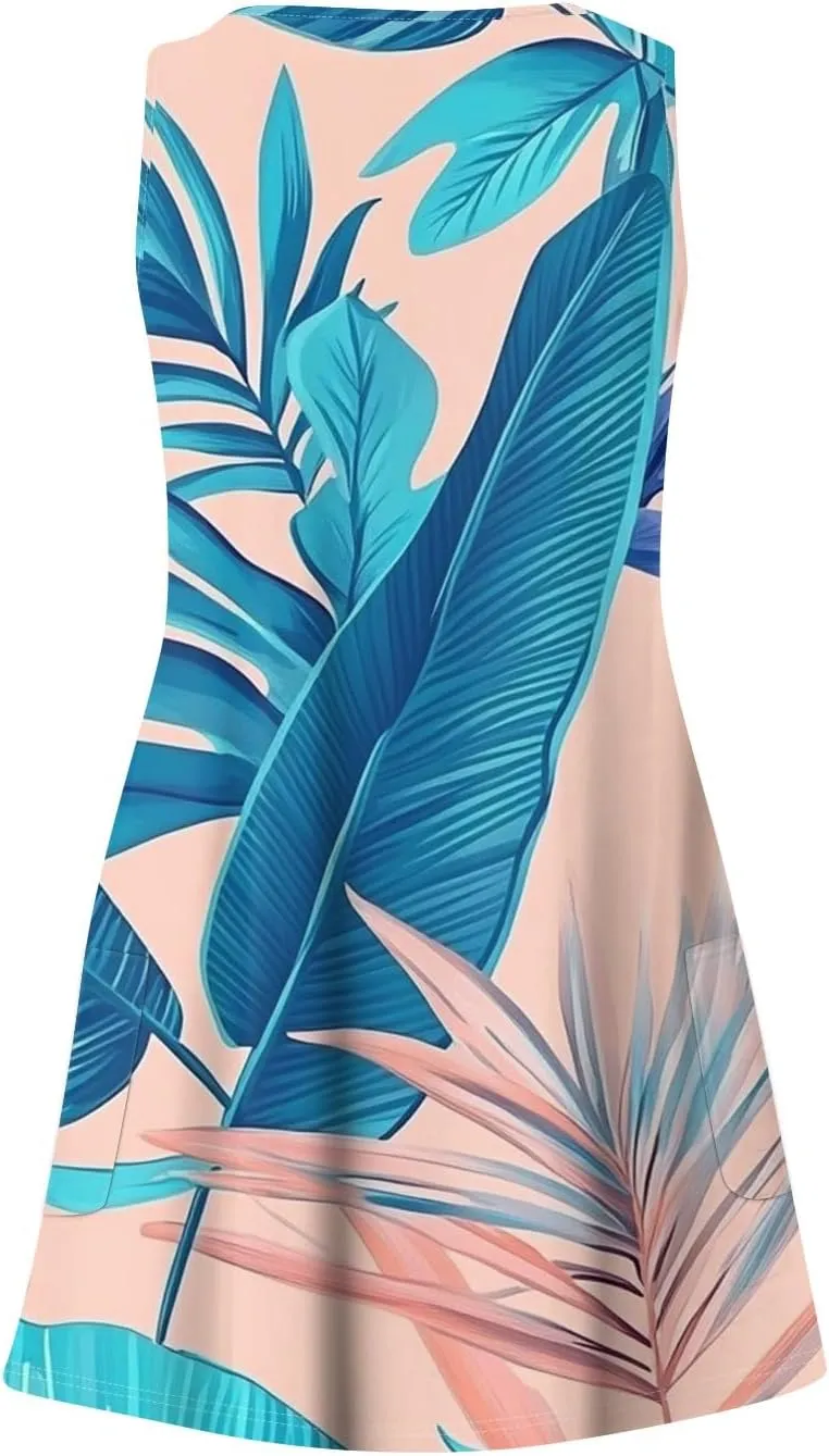 Summer Dresses for Women V Neck Beach Swimsuit Coverup 2025 Sleeveless Dress with Pocket Printed Vacation Sundress