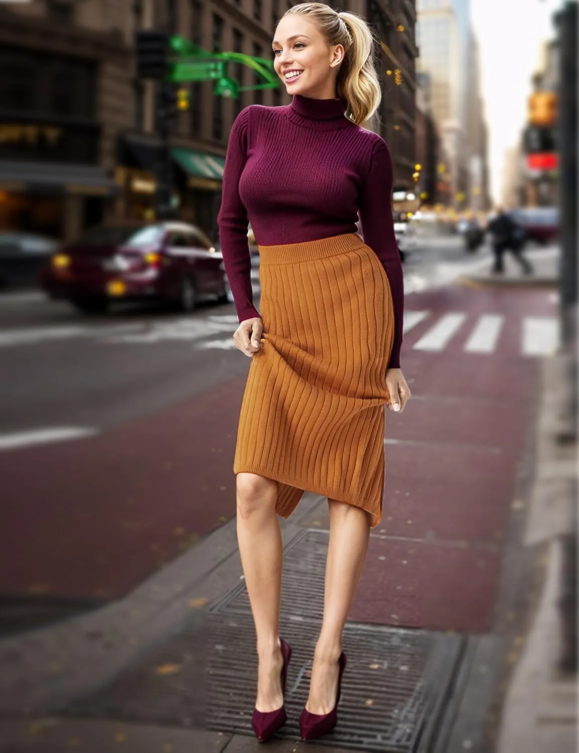 Sweater Skirts for Women Slit High Waisted Pencil Skirt Ribbed Knit Skirt Bodycon Midi Sweater Skirt Solid Casual