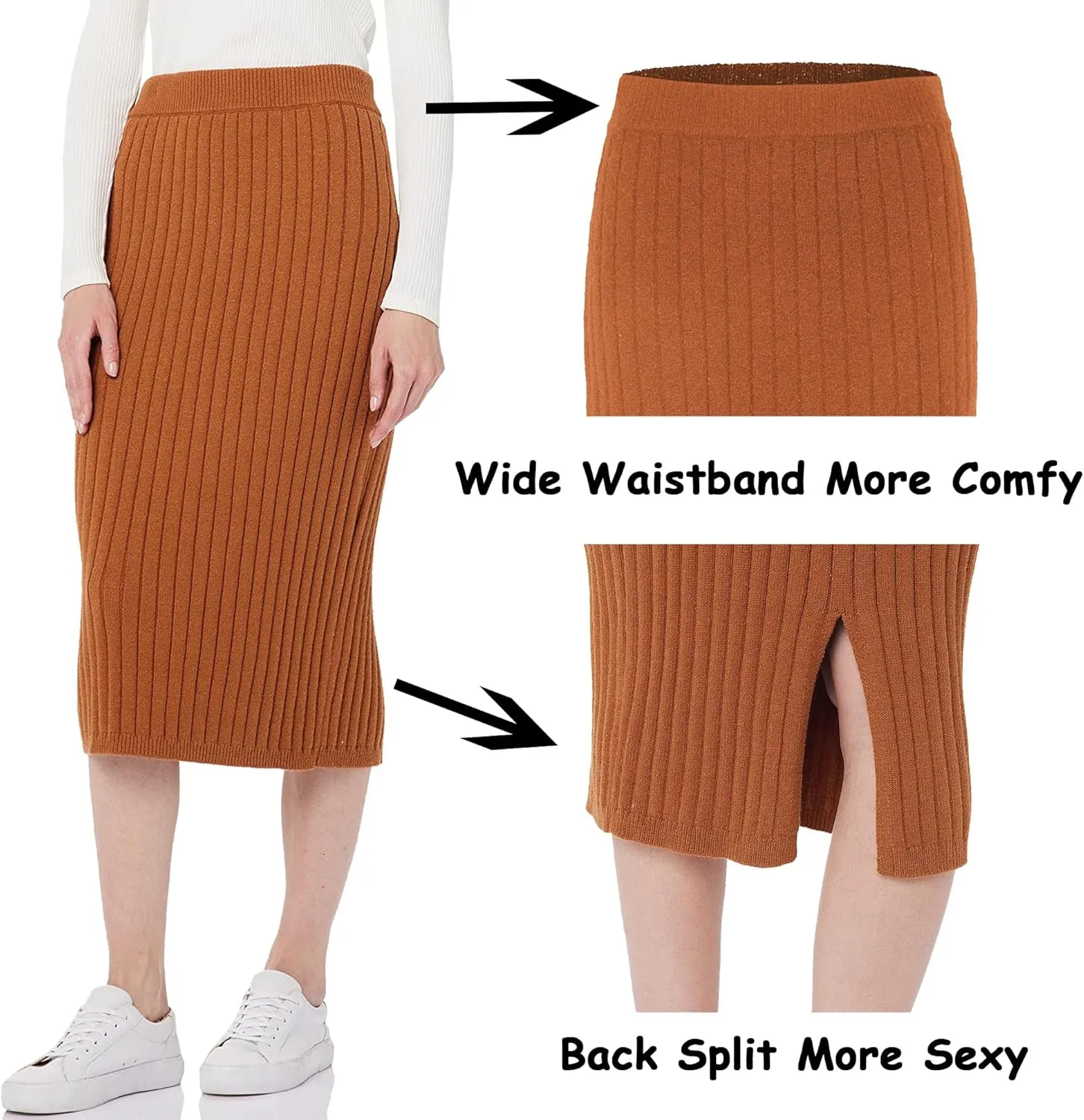 Sweater Skirts for Women Slit High Waisted Pencil Skirt Ribbed Knit Skirt Bodycon Midi Sweater Skirt Solid Casual