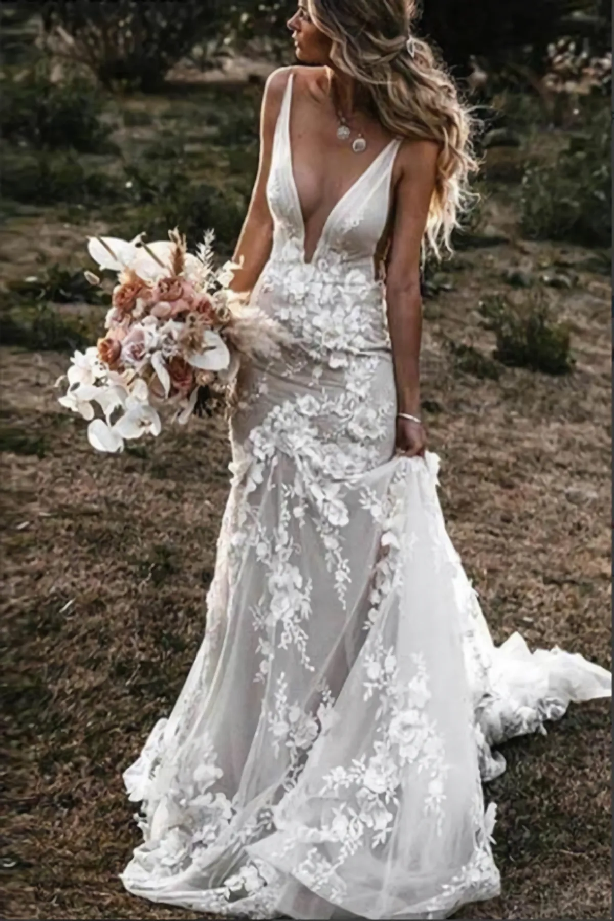 Tulle Lace Mermaid Backless Deep V Neck Wedding Dresses