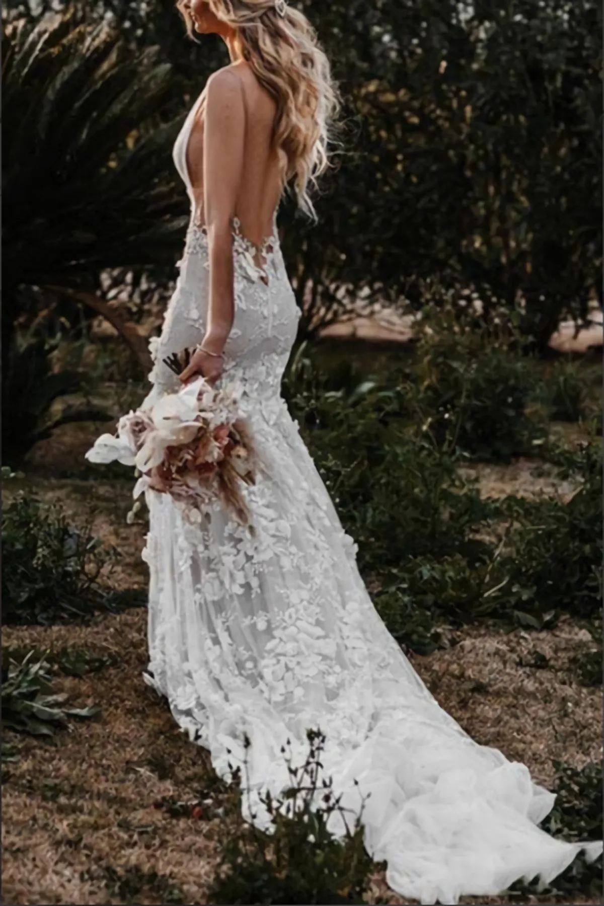 Tulle Lace Mermaid Backless Deep V Neck Wedding Dresses