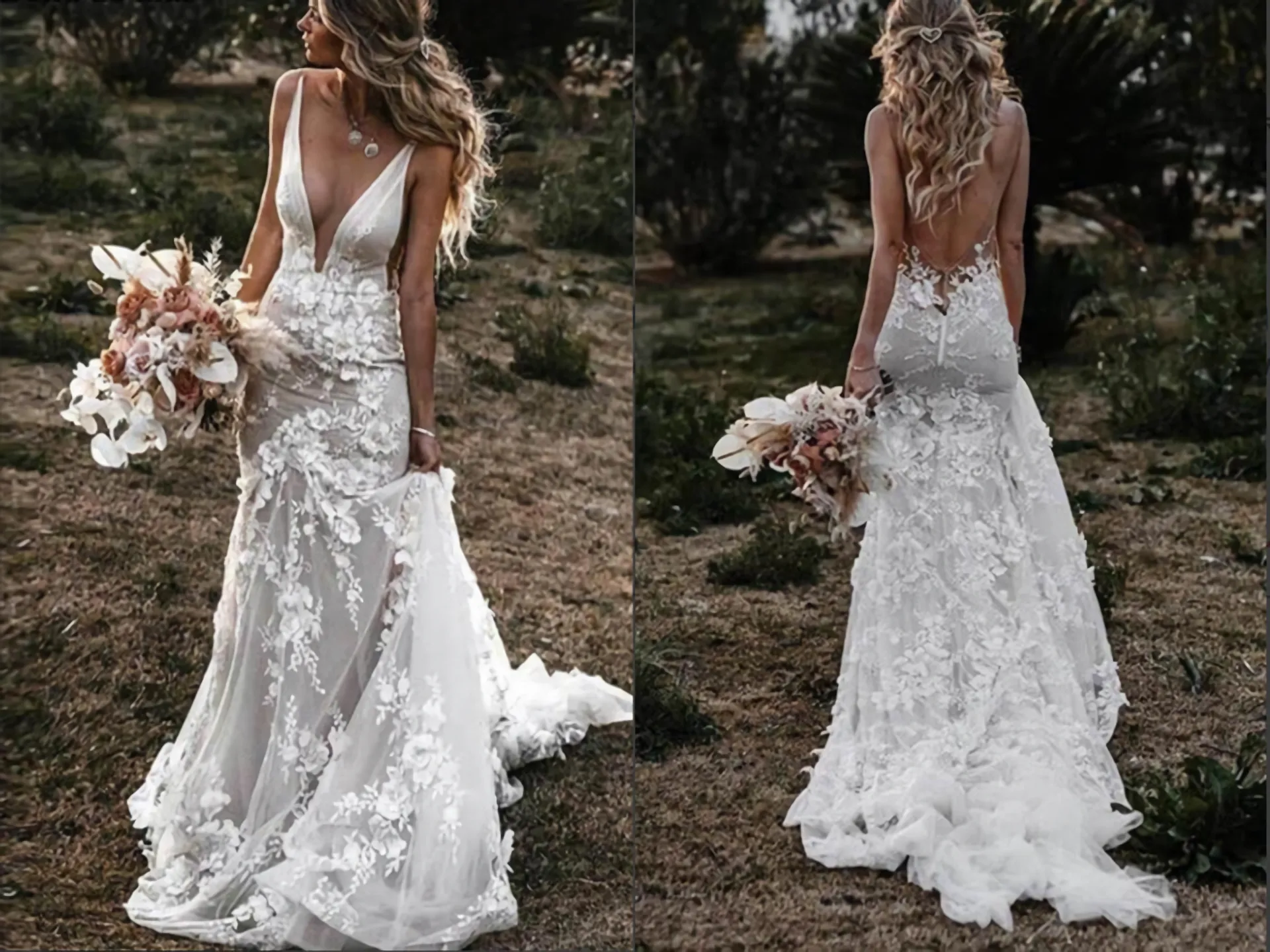 Tulle Lace Mermaid Backless Deep V Neck Wedding Dresses