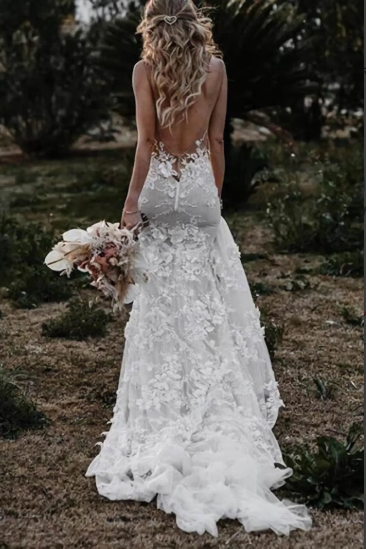 Tulle Lace Mermaid Backless Deep V Neck Wedding Dresses