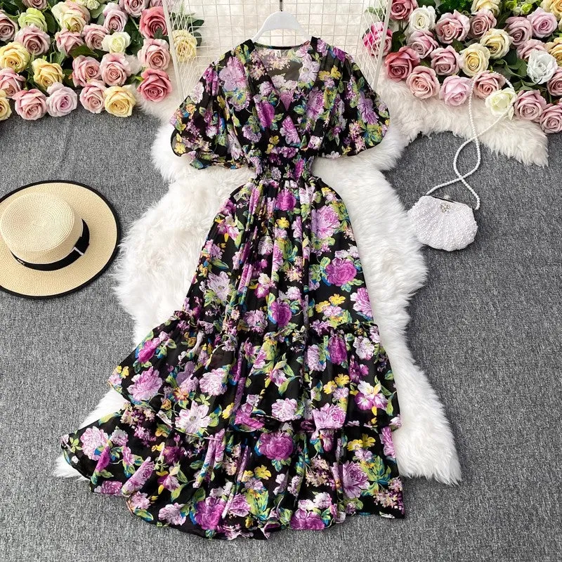 V-neck floral dress bohemian long skirt       S4179