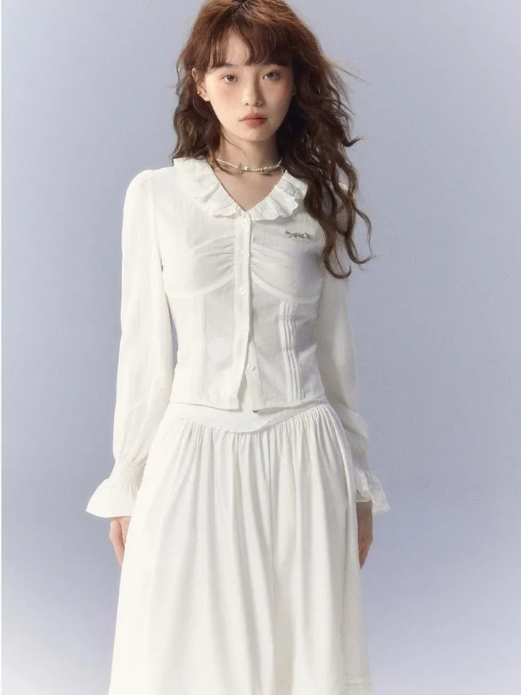 V-Neck White Shirt and skirt【s0000003359】