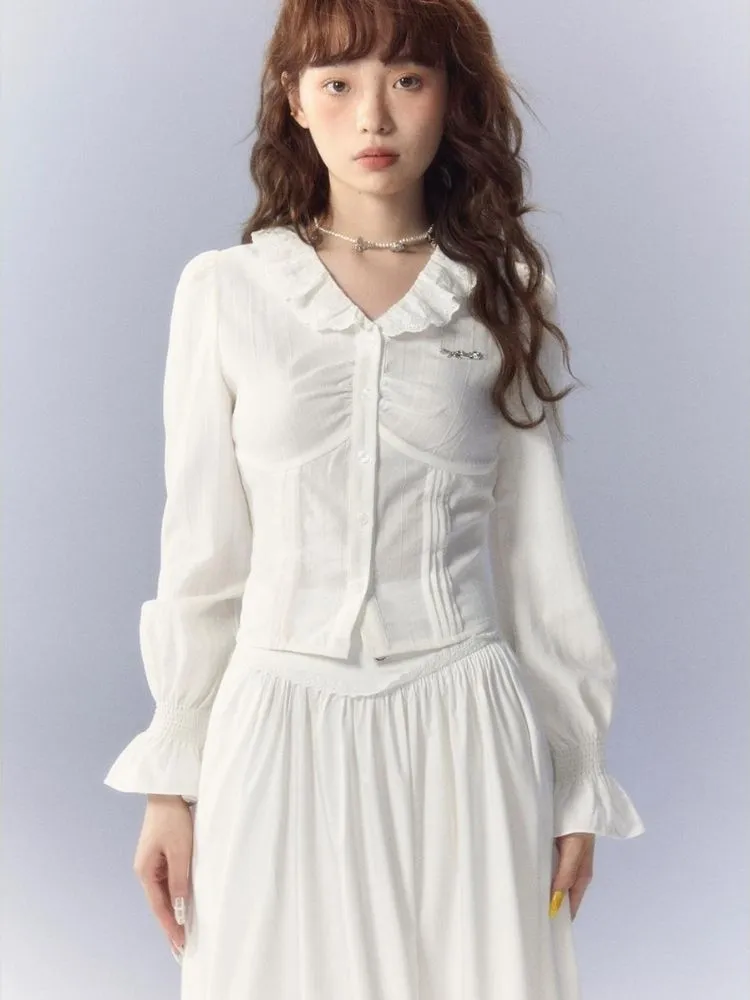 V-Neck White Shirt and skirt【s0000003359】