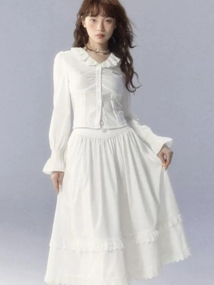 V-Neck White Shirt and skirt【s0000003359】
