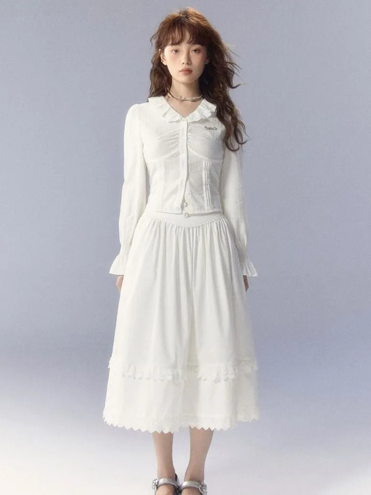 V-Neck White Shirt and skirt【s0000003359】