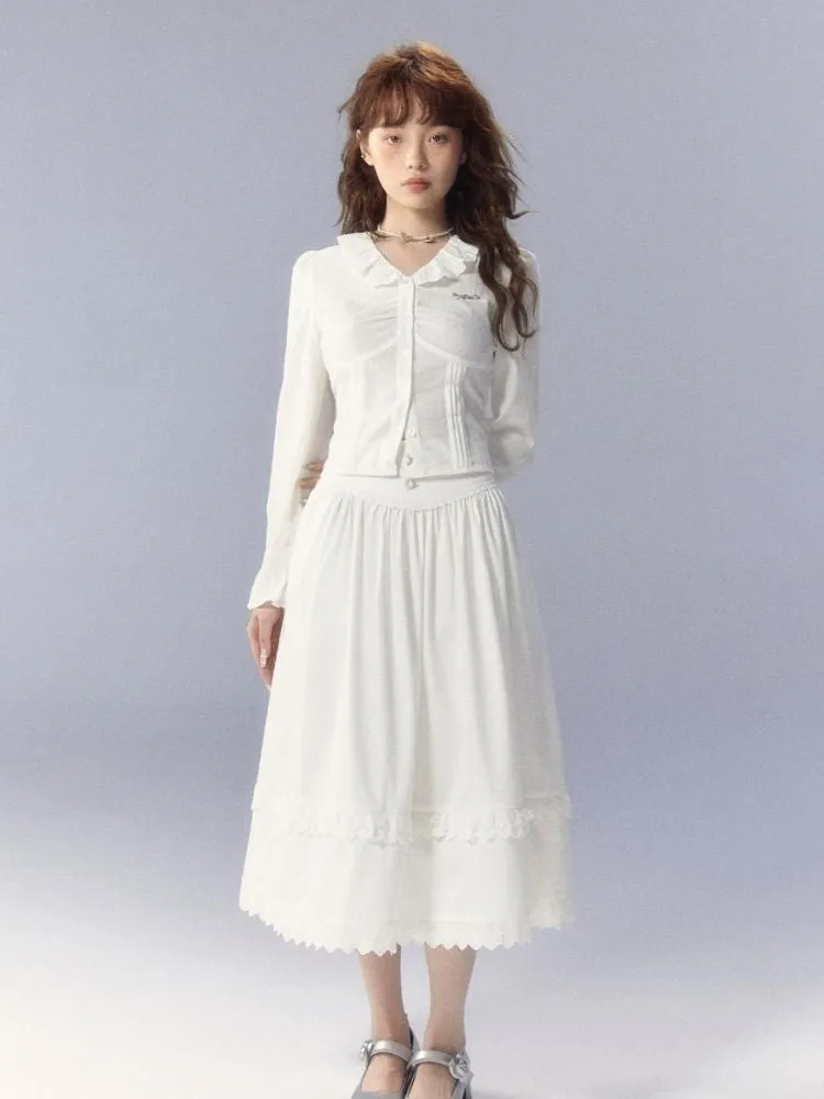 V-Neck White Shirt and skirt【s0000003359】