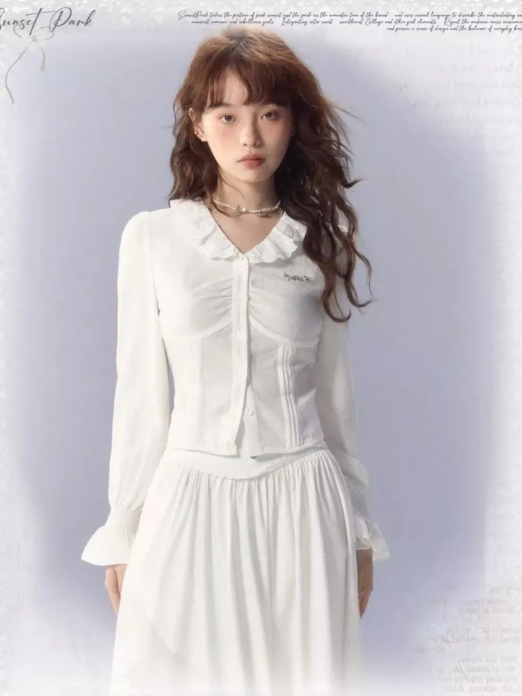 V-Neck White Shirt and skirt【s0000003359】