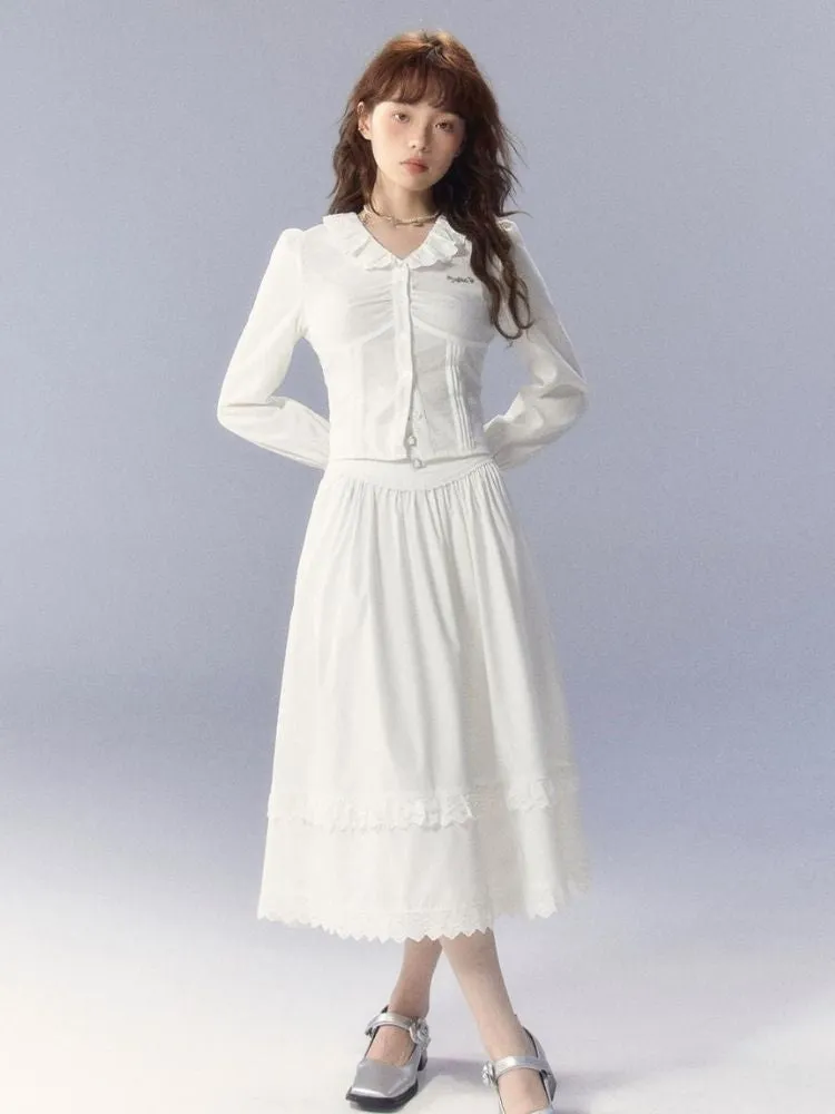 V-Neck White Shirt and skirt【s0000003359】