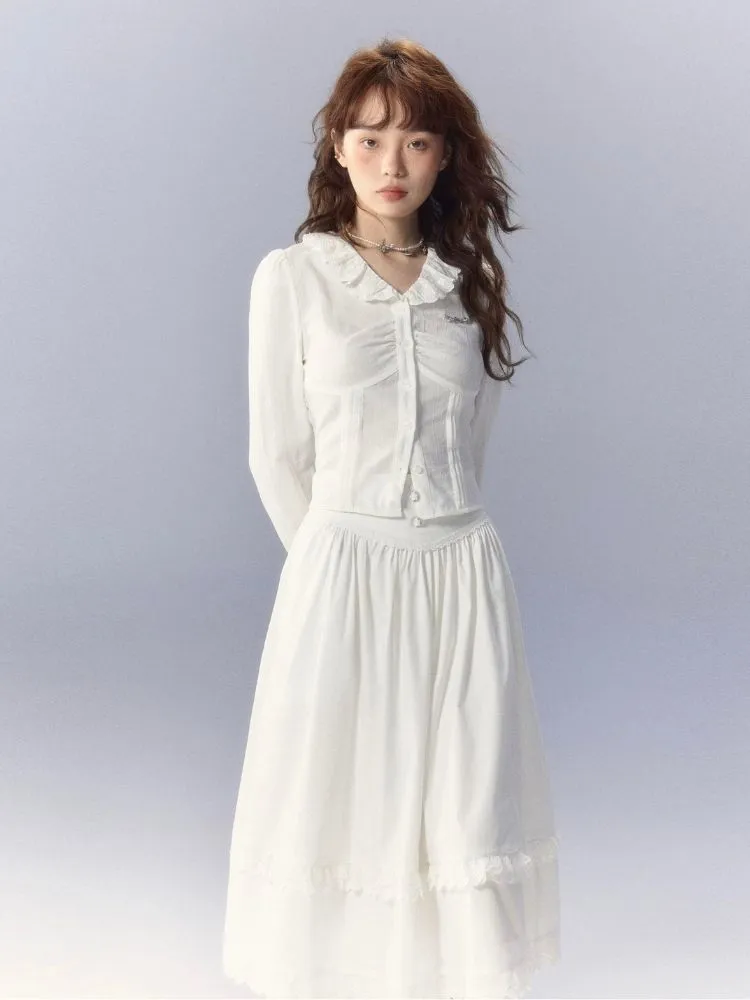 V-Neck White Shirt and skirt【s0000003359】
