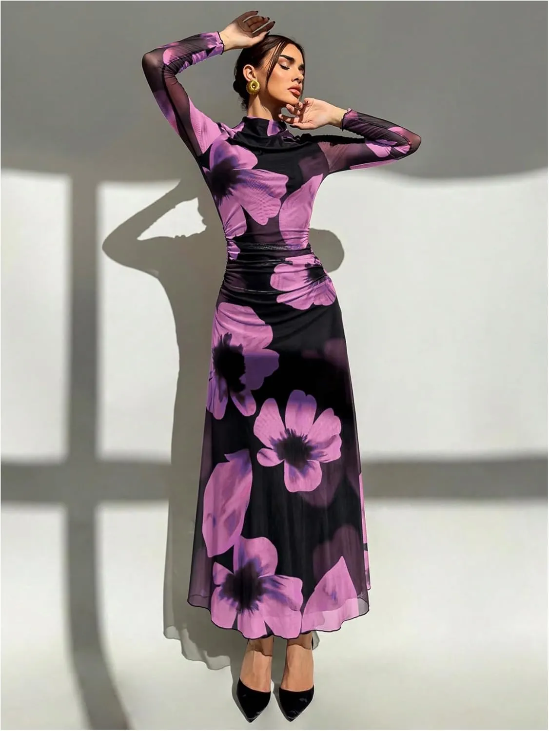 Verdusa Women's Floral Wedding Guest Dress Mesh Bodycon Long Sleeve Date Night Long Dresses