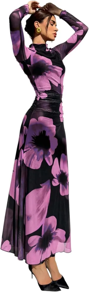 Verdusa Women's Floral Wedding Guest Dress Mesh Bodycon Long Sleeve Date Night Long Dresses